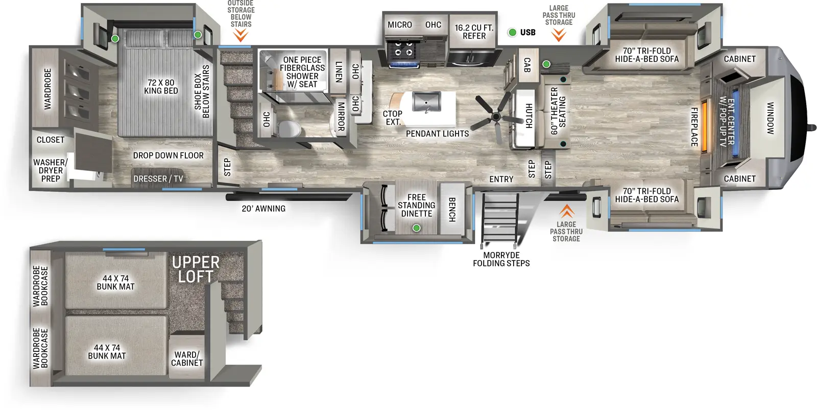 The Sandpiper Fifth Wheels 3990FL floorplan has one entry and five slide outs. Exterior features include: fiberglass exterior and 20' awning. Interiors features include: loft, kitchen island, free-standing dinette option, rear bedroom and front living.